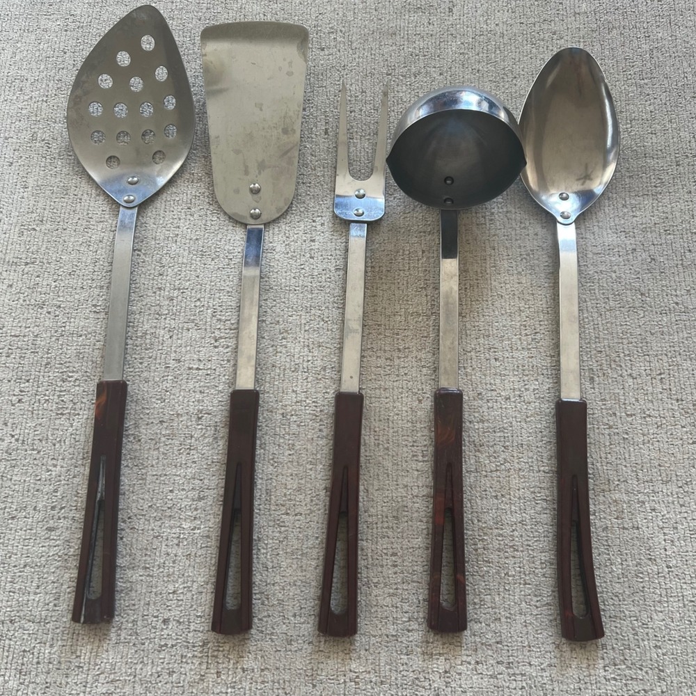 Vintage Stanhome Stainless Kitchen Utensil Set 5pc Brown Faux Wood Handles